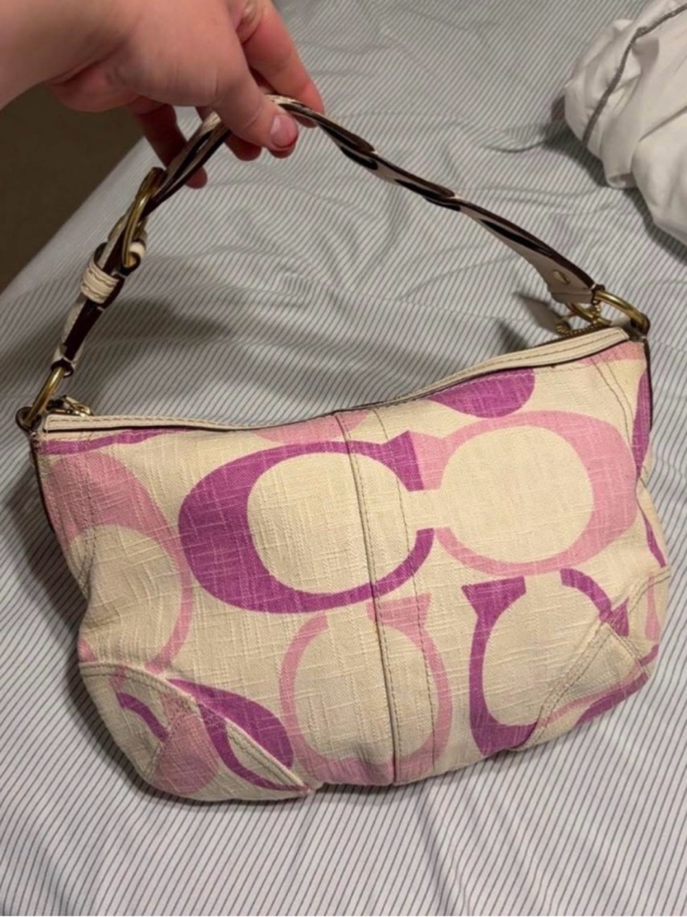 Coach Carly Canvas Shoulder Bag in Pink & Cream